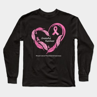 Breast cancer survivor with feathers, ribbons & white type Long Sleeve T-Shirt